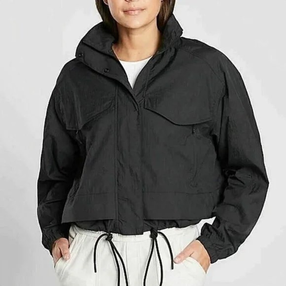Athleta Black Cropped Lightweight Jacket Snap Button‎ Drawstring Size S